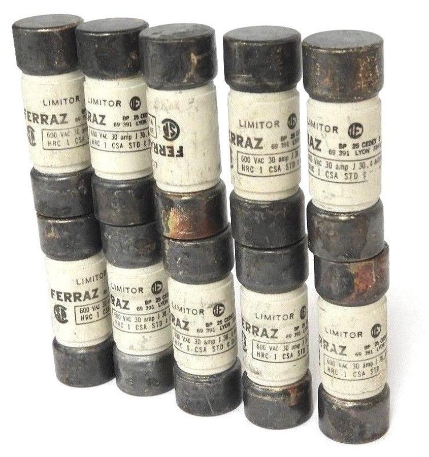Used LOT OF 10 FERRAZ HRC 1 LIMITOR FUSES 600VAC 30AMP