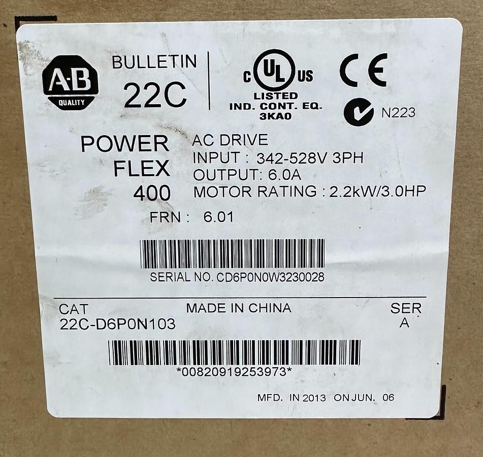 Used NEW ALLEN BRADLEY 22C-D6P0N103 /A PowerFlex 400 AC DRIVE 2.2kW3.0HP 22CD6P0N103