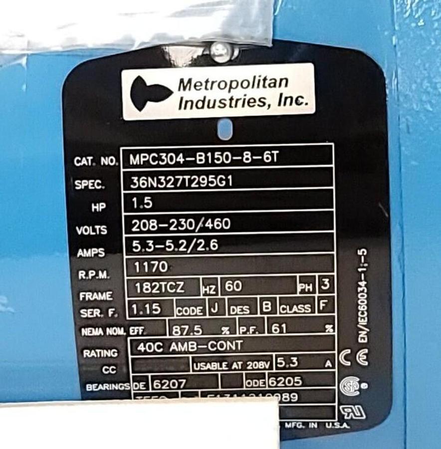 Used NEW BALDOR METROPOLITAN INDUSTRIES MPC304-B150-8-6T MOTOR 1.5HP 36N327T295G1