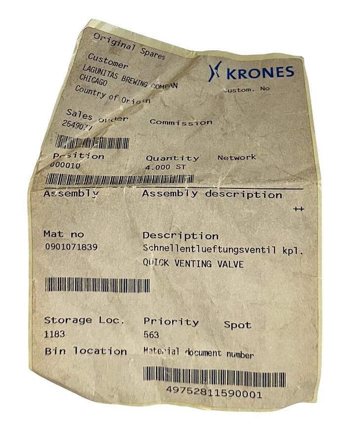 KRONES 0901071839 OEM QUICK VENTING VALVE STAINLESS NSNP