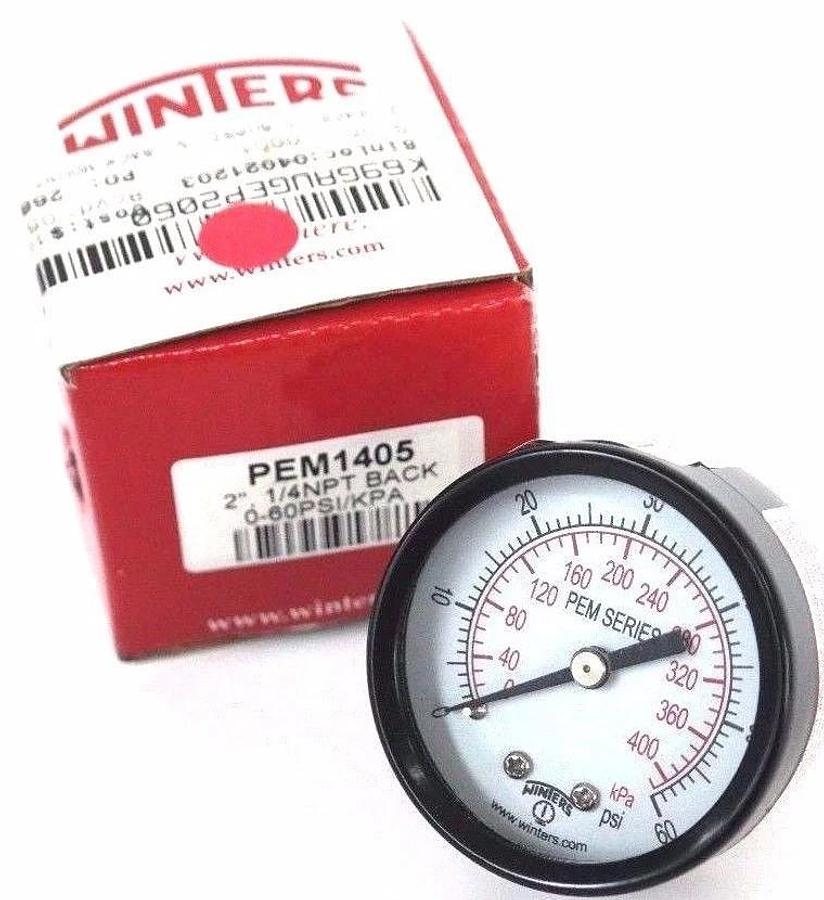 Used NIB WINTERS PEM1405 PRESSURE GAUGE 2'', 1/4NPT BACK, 0-60PSI/KPA