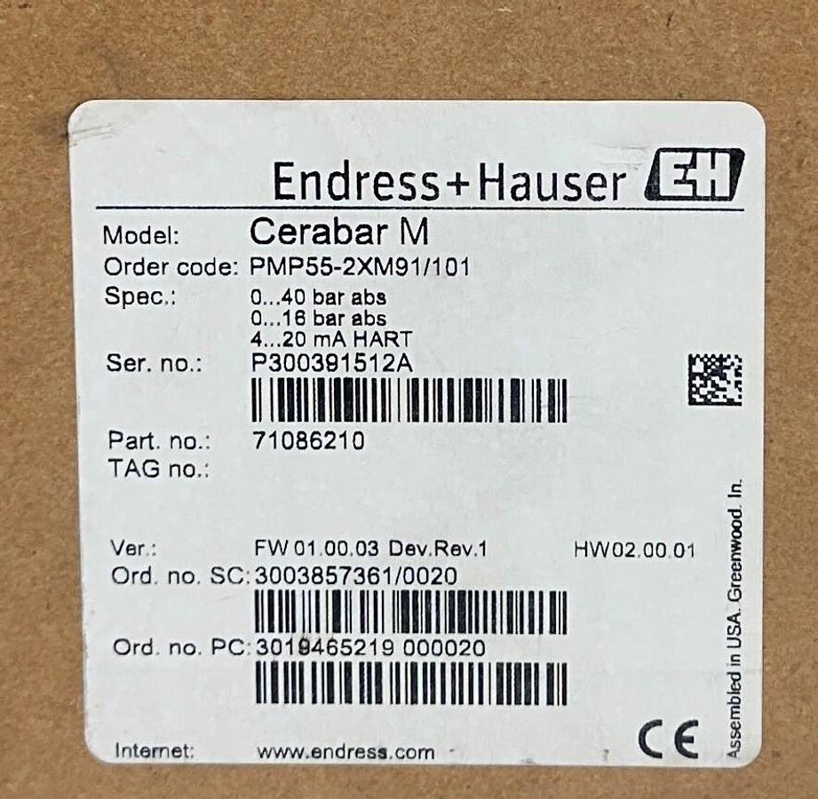 Used ENDRESS+HAUSER PMP55-2XM91/101 / 71086210 Cerabar M TRANSMITTER 4-20mA HART NSMP