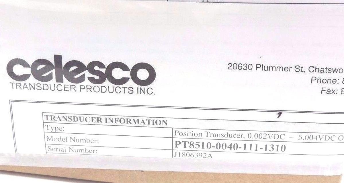 Used NIB CELESCO PT8510-0040-111-1310 POSITION TRANSDUCER 0.002-5.004VDC, 40" RANGE