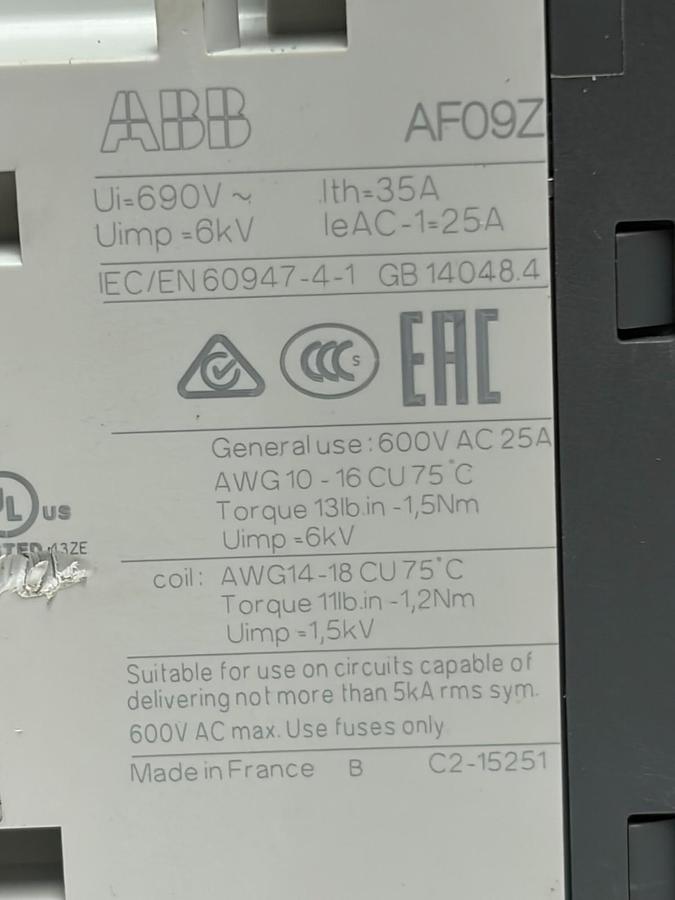 Used ABB AF09Z-40-00-21 Power Contactor 4-Pole 4NO 24-60VAC/20-60VDC 25A Relay