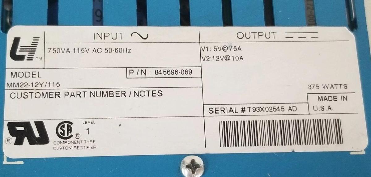 Refurbished REPAIRED LH RESEARCH MM22-12Y/115 POWER SUPPLY 375W, 115VDC, 50/60HZ, 845696-069