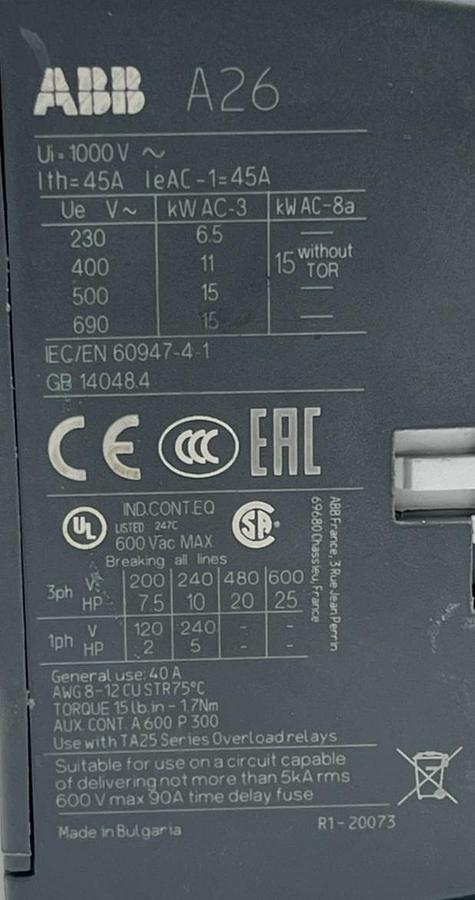 Used ABB A26-30-10 R84 Contactor 110-120V AC 3-Pole 26A 1 NO Auxiliary, NSNP