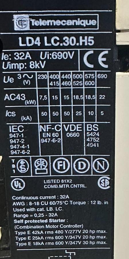 Used TELEMECANIQUE LD4-LC.30.H51 / LD4LC30H51 integral 32 CONTACTOR W/ LA1-LC052F