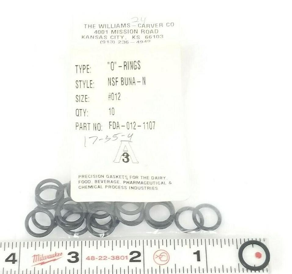 Used NEW BAG OF 24 WILLAIMS-CARVER CO. FDA-012-1107 O-RINGS NSF BUNA-N #012