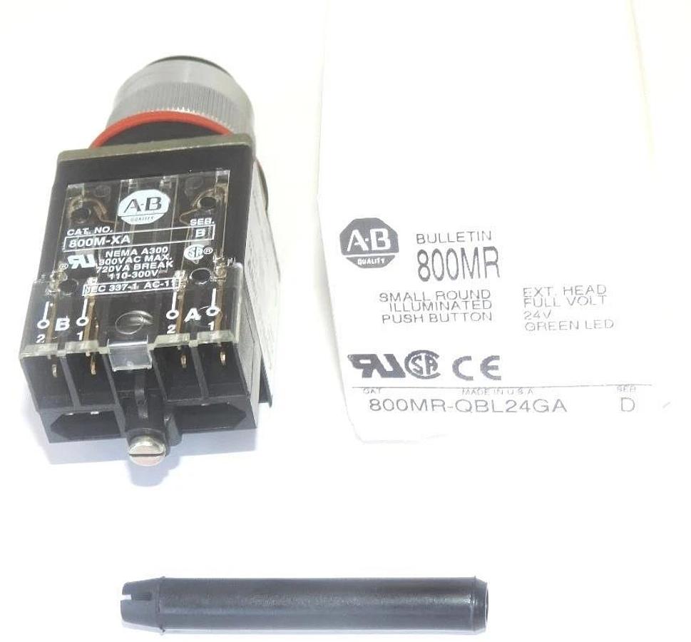 Used NIB ALLEN BRADLEY 800MR-QBL24GA PUSH BUTTON EXT. HEAD 24V, GREEN LED, SER. D