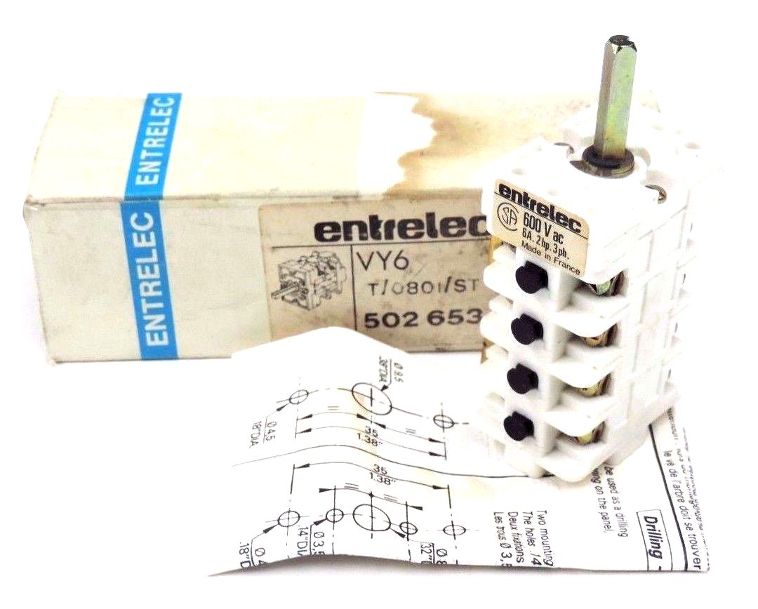 Used NIB ENTRELEC VY6 T/0801/ST ROTARY SWITCH 600VAC, 6A, 2HP, 3PH, VY6