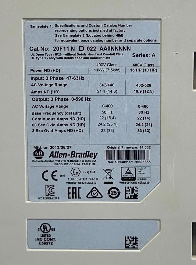 Used ALLEN BRADLEY 20F11ND022AA0NNNNN /A PowerFlex 753 AC DRIVE 11kW/15HP 480V USNP