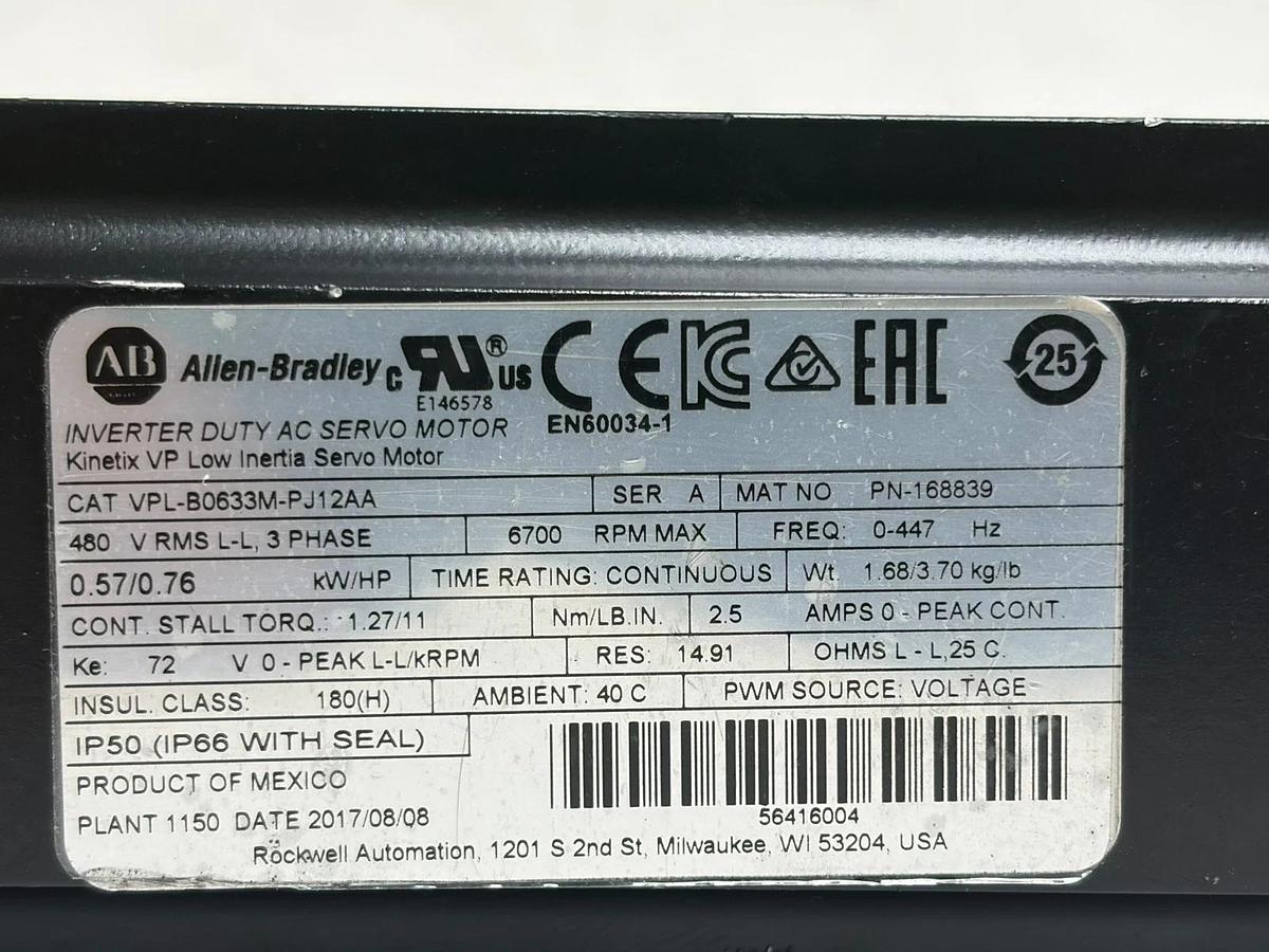 Used Allen-Bradley VPL-B0633M-PJ12AA Servo Motor 480V 6700 RPM 0.57kW