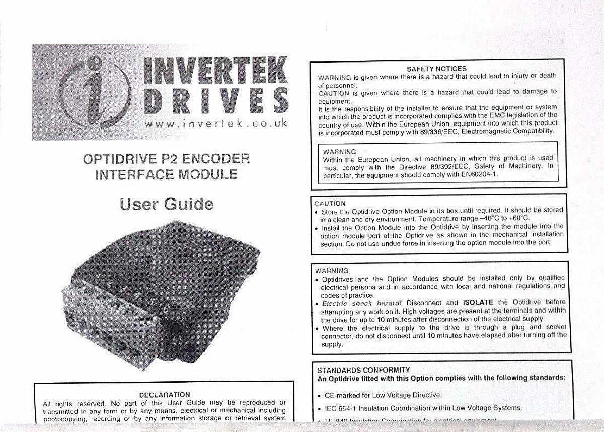 Used NIB INVERTEK DRIVES OPT-2-ENCOD-IN INCREMENTAL ENCODER INTERFACE MODULE