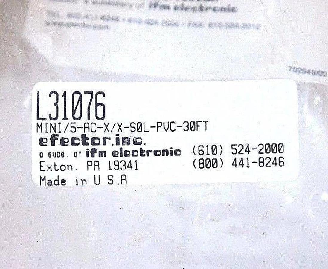 Used NEW IFM EFECTOR L31076 CONNECTOR CABLE STRAIGHT MINI/5-AC-X/X-S0L-PVC-30FT