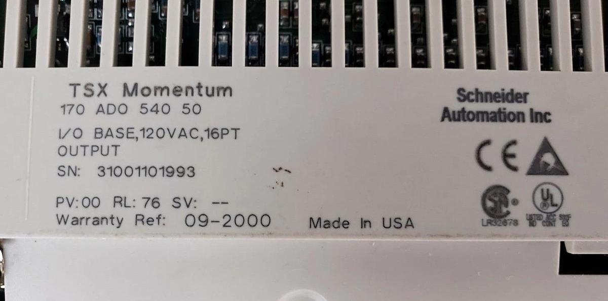 Used SCHNEIDER ELECTRIC 170ADO54050 I/O BASE UNIT 120VAC 16PT, PV 00, RL 76 W/O COVER