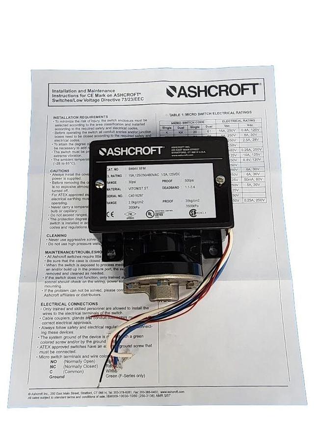 Used NIB ASHCROFT B464V XFM PRESSURE SWITCH B464VXFM RANGE: 30PSI