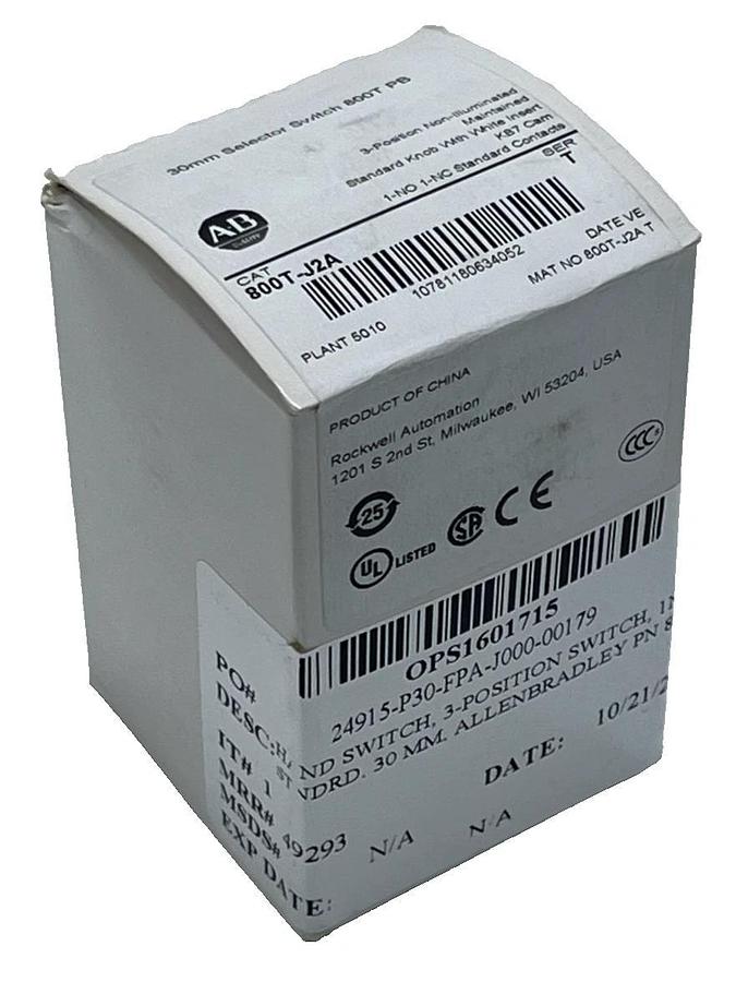 Used Allen Bradley 800T-J2A Selector Switch - 30mm, 3-Position, Maintained, Series T