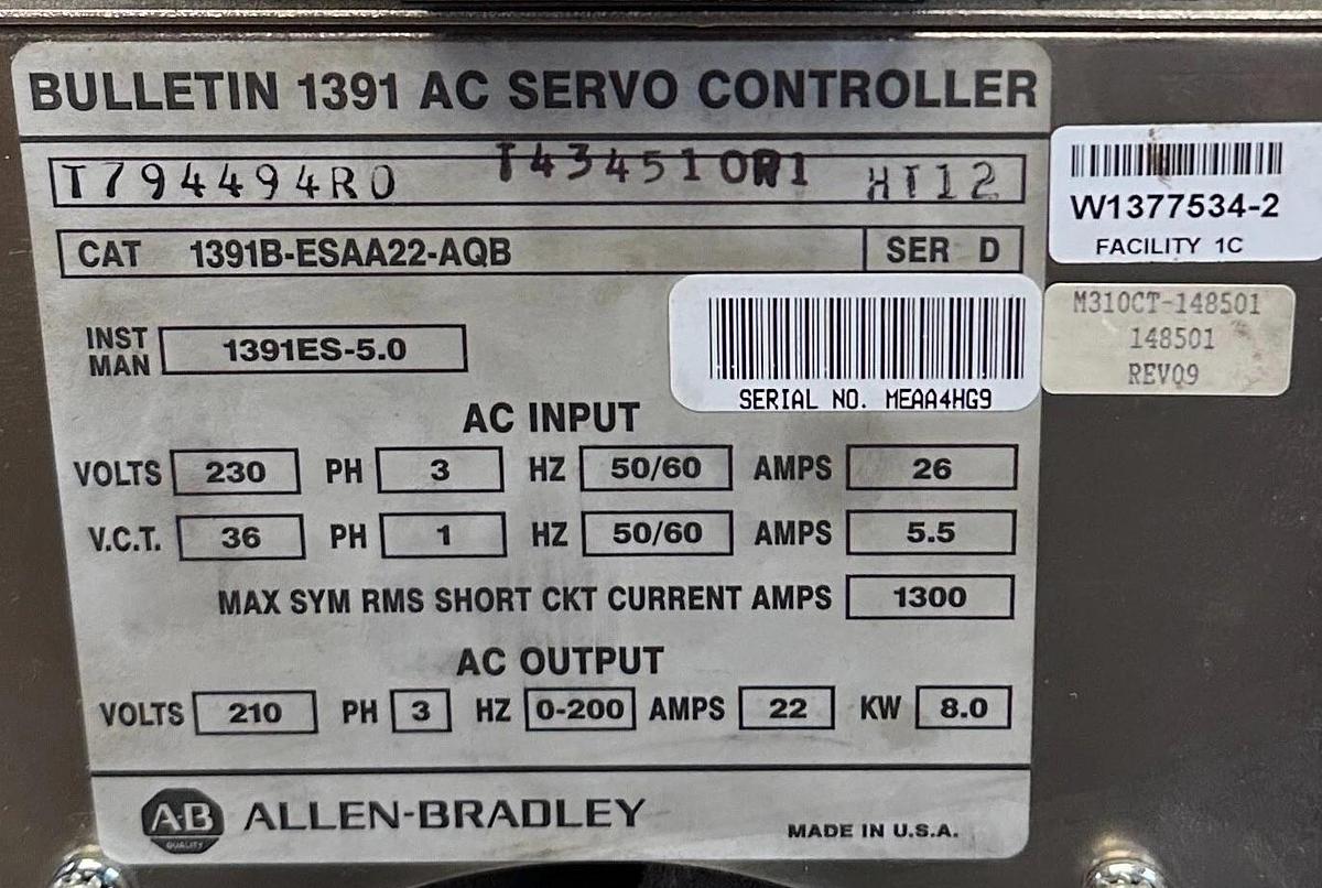 Used For Parts ALLEN BRADLEY 1391B-ESAA22-AQB /D AC SERVO CONTROLLER 8kW 22A 3PH