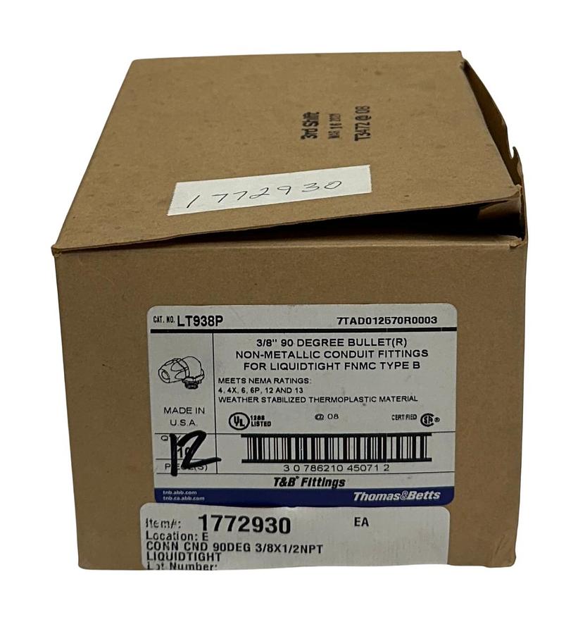 Used 12 THOMAS & BETTS ABB 7TAD012570R0003 / LT938P 90 DEG BULLET FITTINGS 3/8'' NSMP
