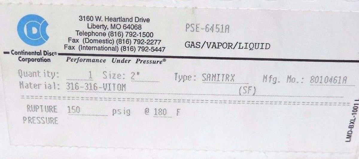 Used NIB CONTINENTAL DISC 8010461A RUPTURE DISC 2" SANITRX GAS/VAPOR/LIQUID PSE-6451A