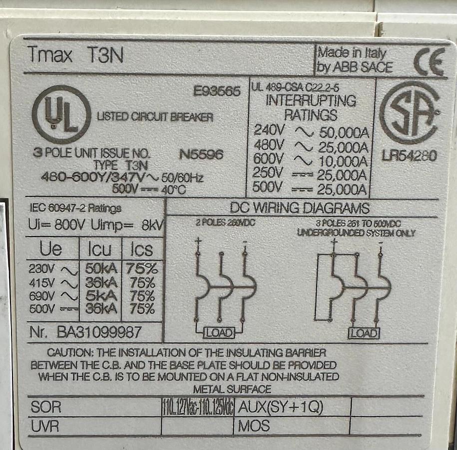 NEW ABB SACE T3N100TWS4 SACE Tmax T3 N 225 / TmaxT3N225 CIRCUIT BREAKER 100A 3-P