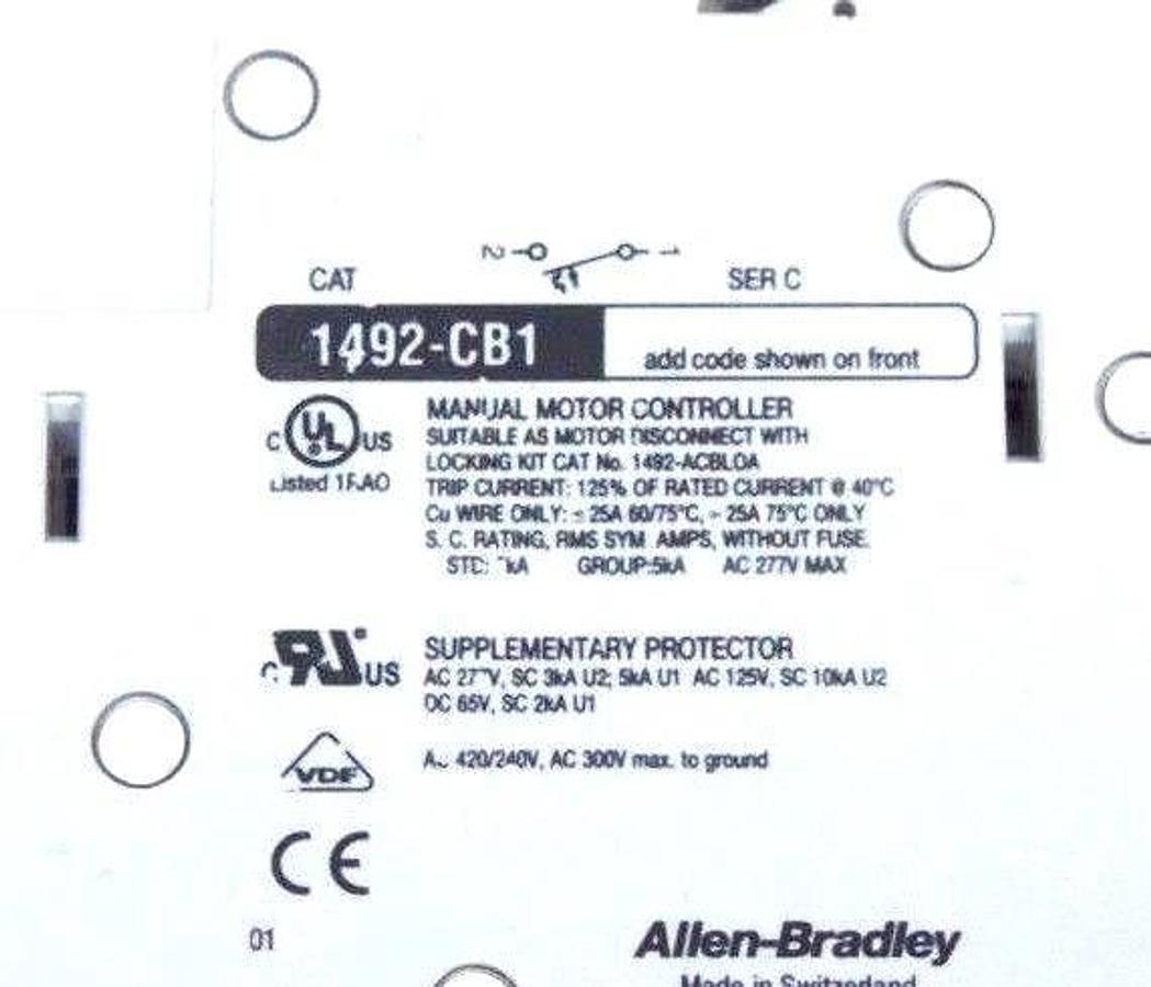 Used LOT OF 2 ALLEN BRADLEY 1492-CB1G020 CIRCUIT BREAKERS SER C, 2A, 1/6HP