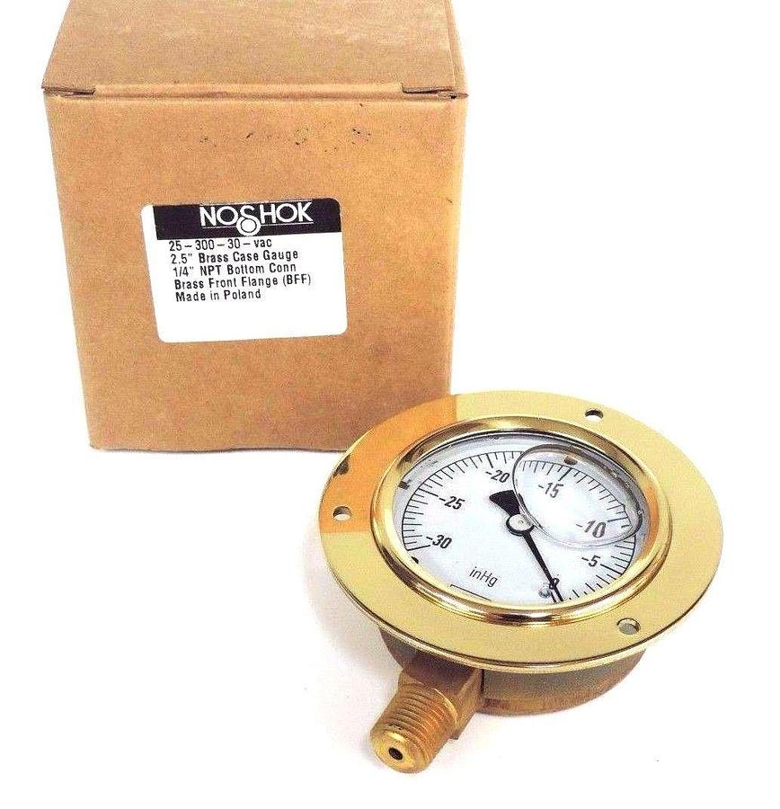 Used NIB NOSHOK 25-300-30-VAC 2.5'' BRASS GAUGE 1/4'' NPT BOTTOM CONN., 2530030VAC