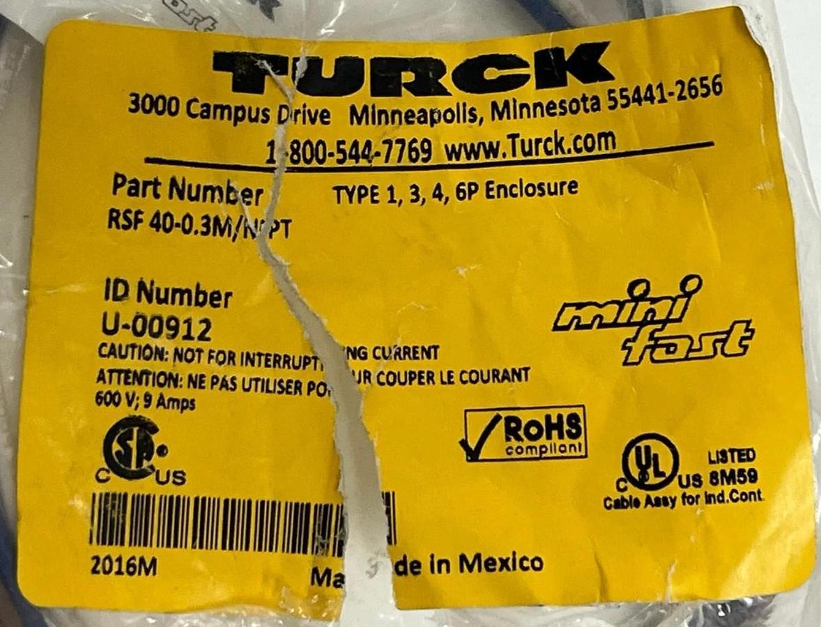 Turck RSF 40-0.3M/NPT Minifast Receptacle 4-Pin Male 7/8" 0.3M - NEW SURPLUS