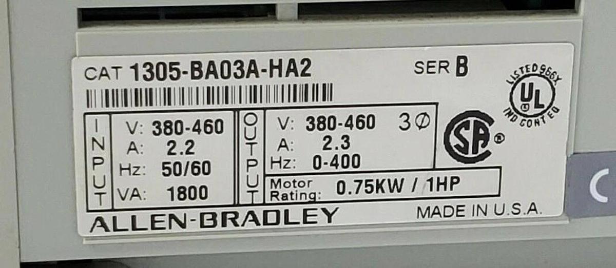 Used ALLEN BRADLEY 1305-BA03A-HA2 AC DRIVE SER. B 3 PH 1HP 0.75KW W/ 1201-HA2
