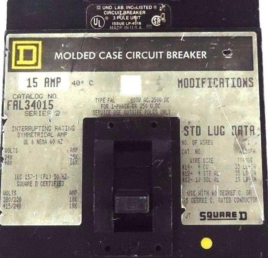 Used SQUARE D FAL34015 MOLDED CASE CIRCUIT BREAKER SERIES 2, 480V, 15A
