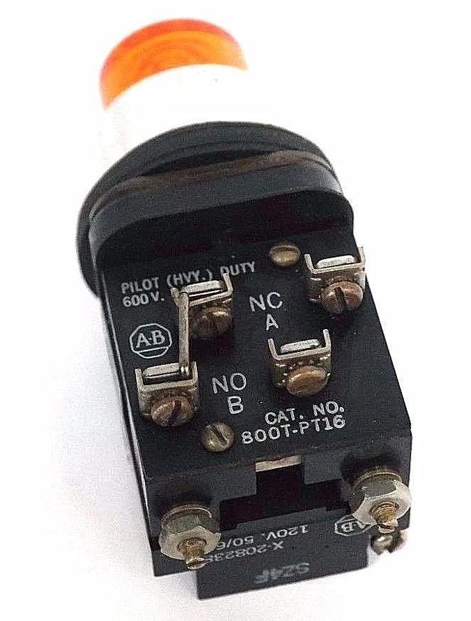 Used ALLEN BRADLEY 800T-PT16 AMBER PUSH BUTTON 600V PILOT HVY DUTY W/ X-208238 120V