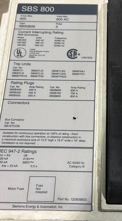 Used SIEMENS SBS0808F SBS 800 CIRCUIT BREAKER 800A 3P 600VAC W/ 600A TRIP UNIT