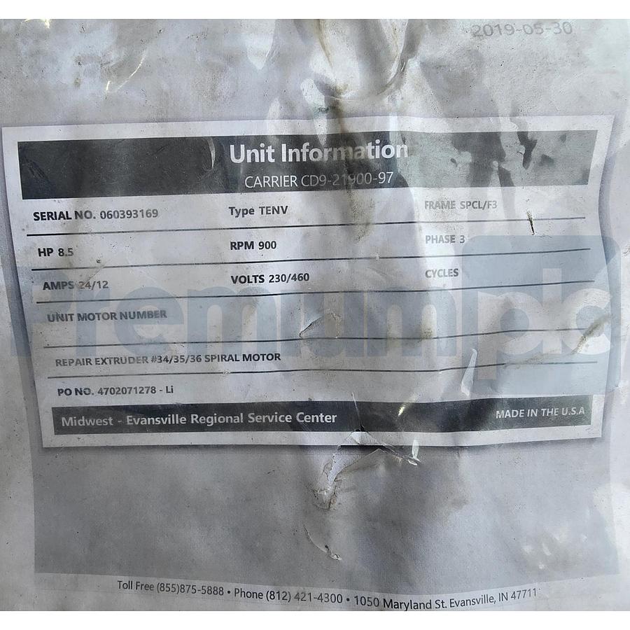 Used Carrier Vibranetics CD9-21900-97 8.5HP Extruder Vibrator/Vibratory Shaker Motor