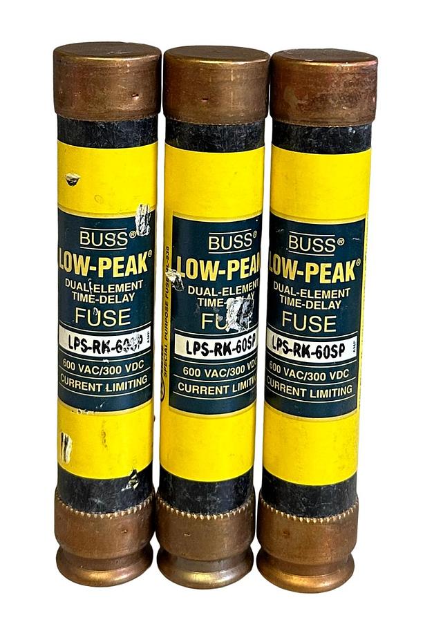 Used 3 NEW BUSS LPS-RK-60SP / LPSRK60SP DUAL-ELEMENT TIME-DELAY FUSES 600VAC/300VDC