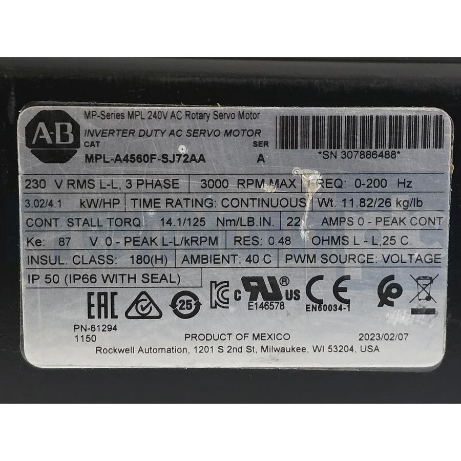 Used ALLEN BRADLEY MPL-A4560F-SJ72AA /A Kinetix MPL AC SERVO MOTOR 230V NSNP (read)