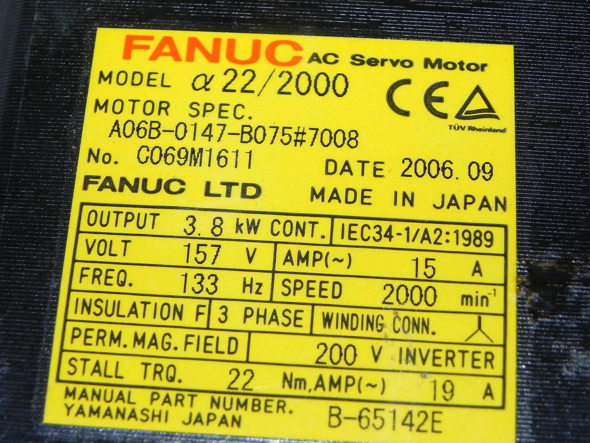 Used FANUC A06B-0147-B075#7008 SERVO MOTOR AC A22/2000 A64 PULSE A06B0147B075