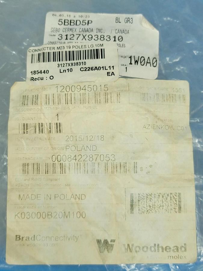 Used NEW MOLEX WOODHEAD K03000B20M100 M23-19P-FE-ST-10M-PUR-UL