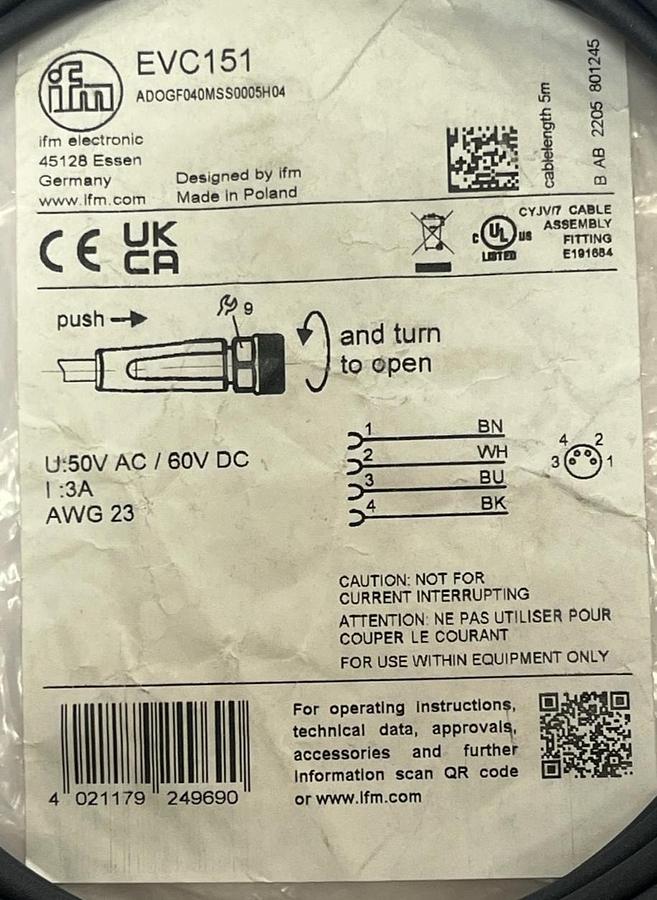 Used Lot of 2 ifm electronic EVC151 M12 Connection Cable 4-Pin 2m Black