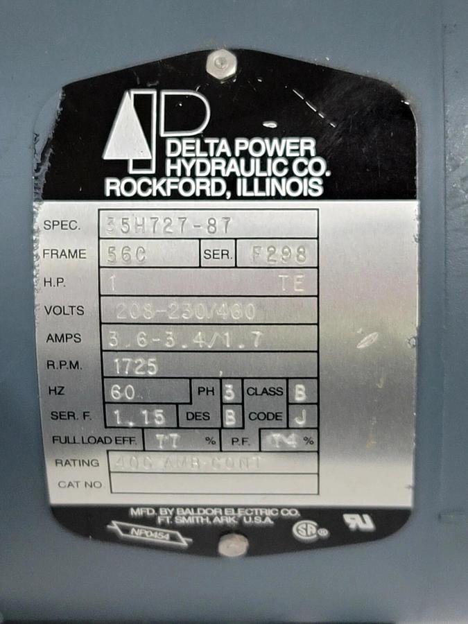 NEW DELTA POWER HYDRAULIC 35H727-87 FRAME 56C H.P. 1 VOLTS: 208-230/460 W/ C43