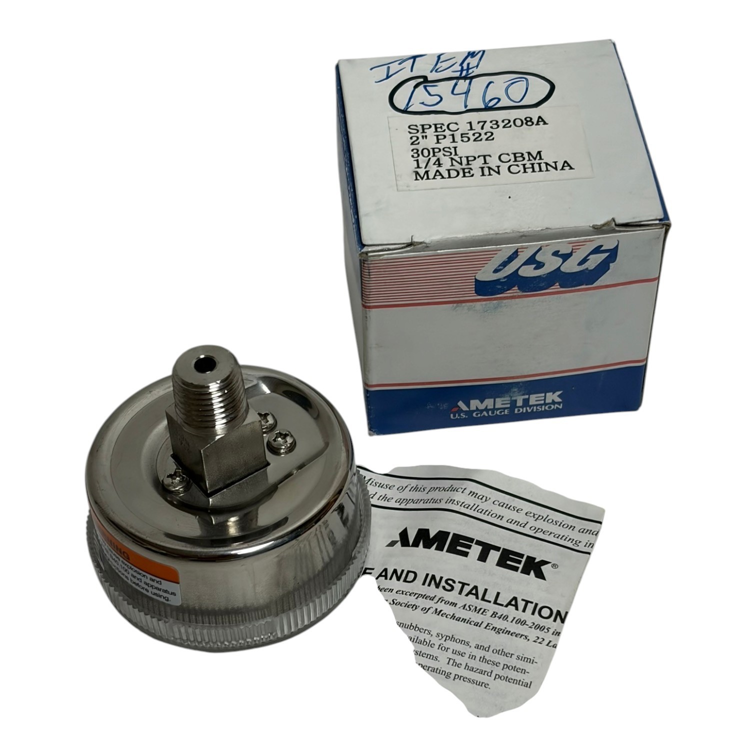 Used Ametek USG P1522 Pressure Gauge 0-30 PSI 2" Face 1/4 NPT CBM - New in Box
