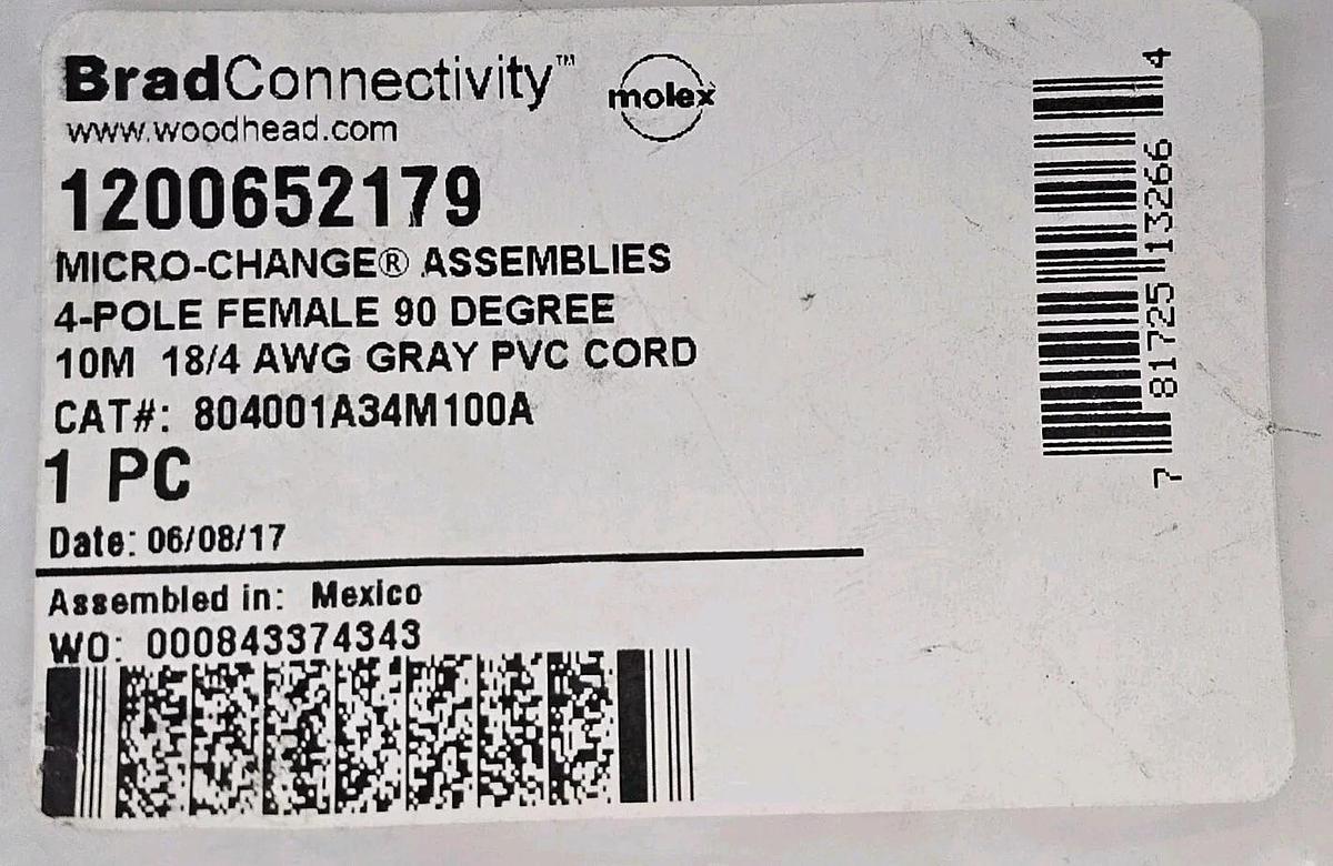 Used NEW MOLEX WOODHEAD 804001A34M100A MICRO-CHANGE CORDSET 1200652179