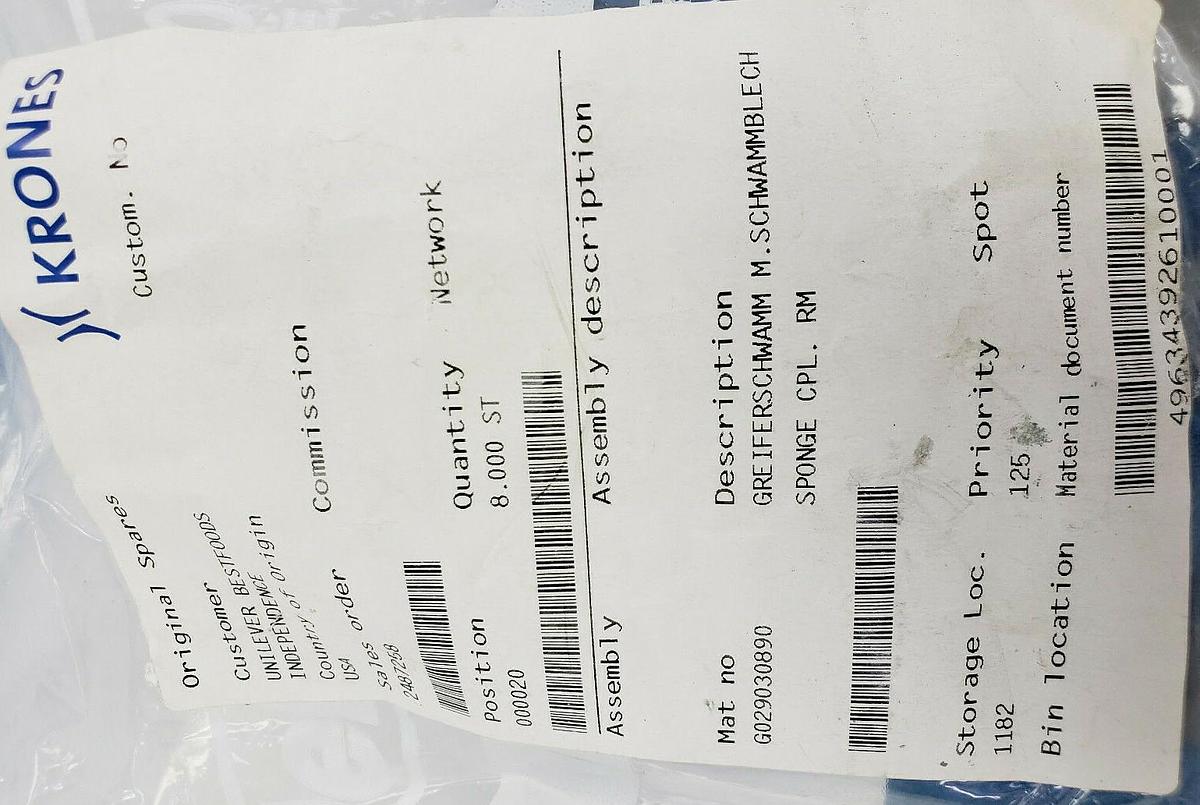 Used NEW KRONES G029030890 GRIPPER SPONGE PLATE ASSEMBLY CPL. RM 20814373