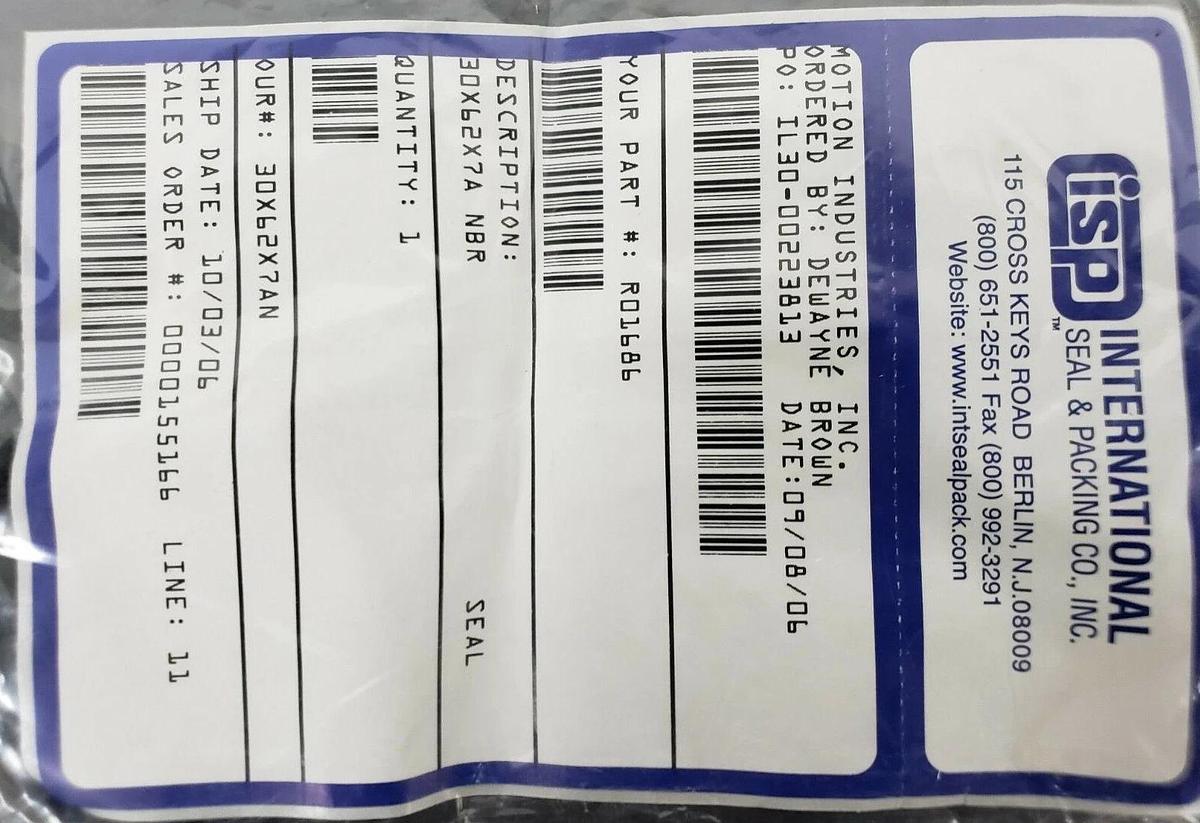 Used NEW ISP INTERNATIONAL SEAL & PACKING 30X62X7 OIL SEAL 30X62X7A NBR