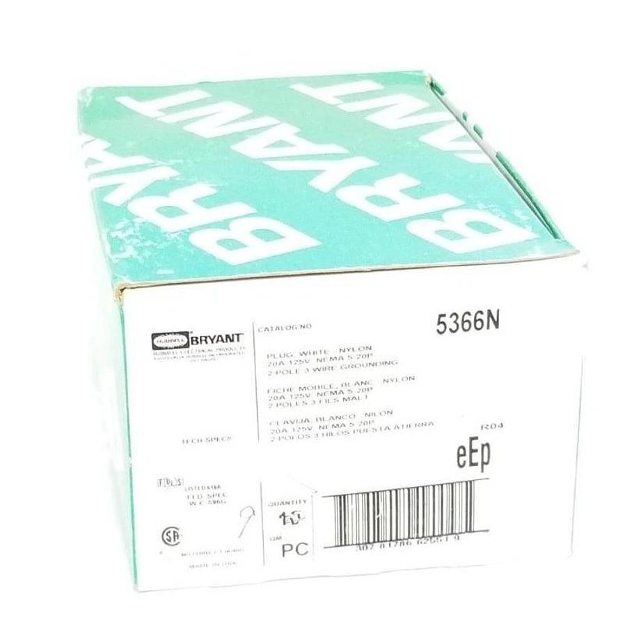 Used BOX OF 5 NEW BRYANT 5366N PLUGS WHITE NYLON 20A 125V NEMA 5-20P 2P 3W GRD