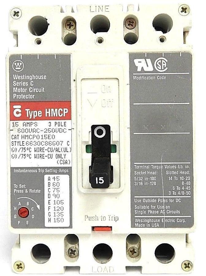 Used WESTINGHOUSE HMCP015E0 CIRCUIT BREAKER STYLE: 6630C86G07, SER. C, 15AMP, 3-POLE