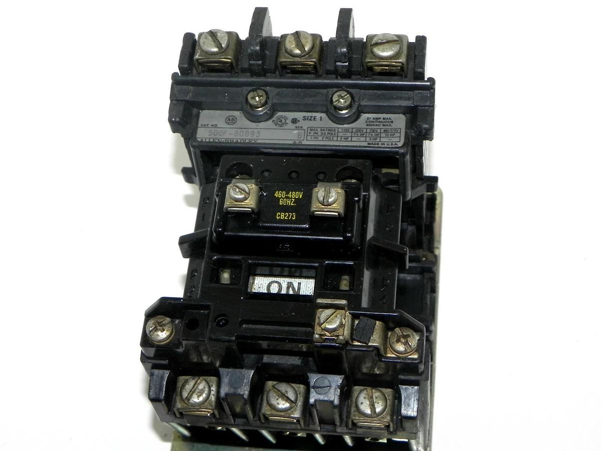 Used ALLEN BRADLEY 500F-BOB93 CONTACTOR 600V AC MAX 27 AMP MAX SIZE 1 STARTER SER. B
