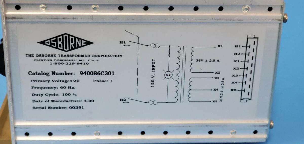 Used OSBORNE 940086C301 CONTROL TRANSFORMER 120VAC, 1PH, 60HZ