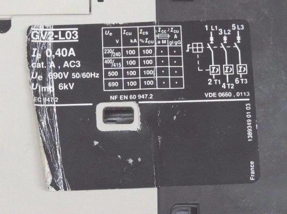 Used TELEMECANIQUE GV2-L03 MANUAL STARTER SWITCH 40A, 690V, 50/60HZ, GV2L03