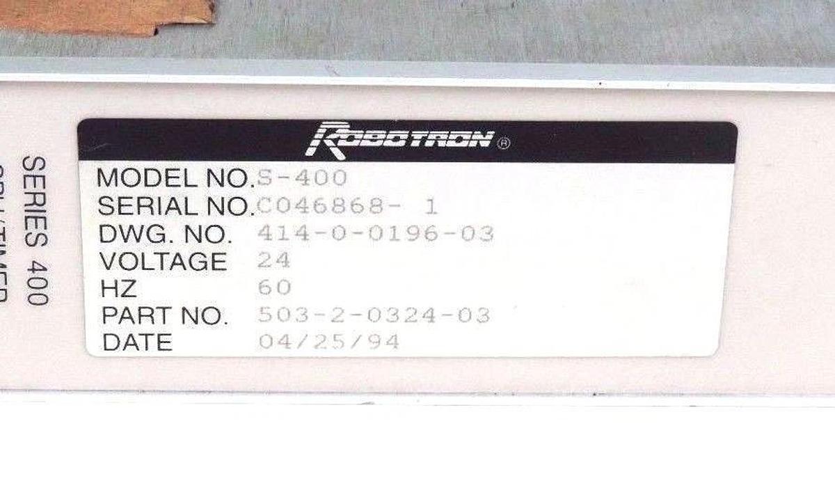 Used ROBOTRON 503-2-0324-03 MODEL S-400 CPU/TIMER MODULE 24V, 60HZ, 5032032403