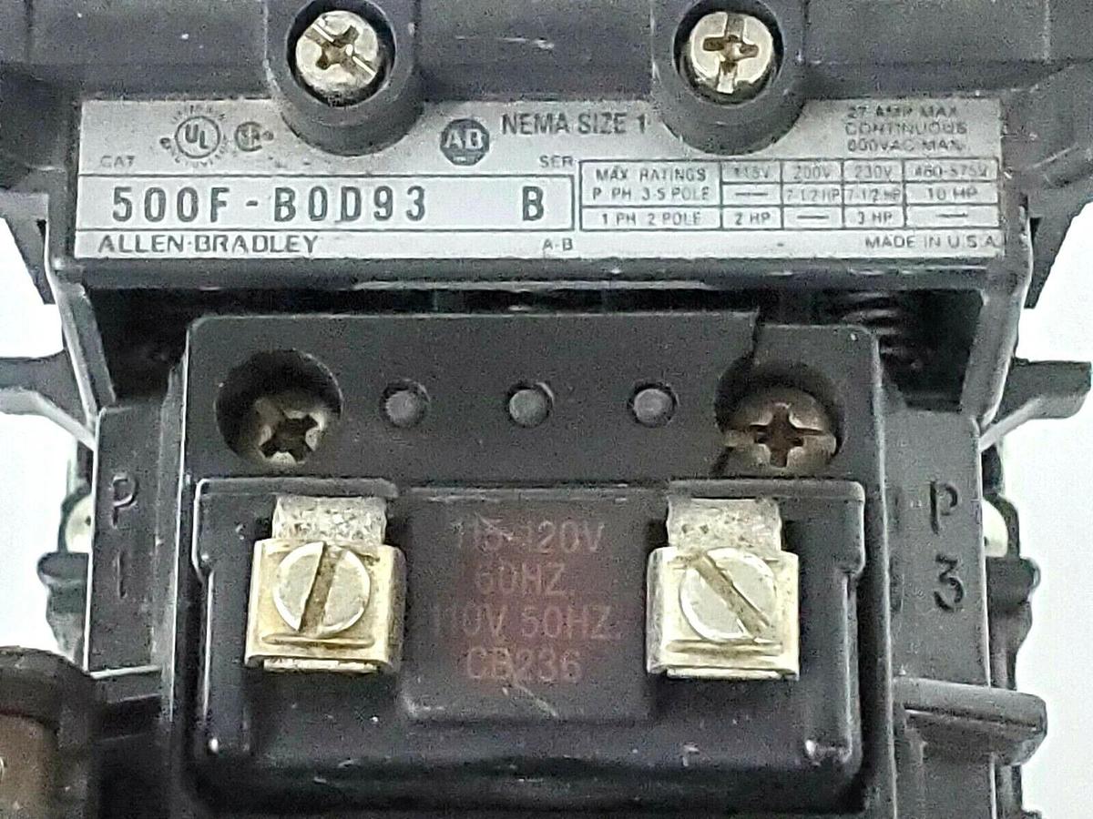Used ALLEN BRADLEY 500F-BOD93 CONTACT STARTER SER. B, CB236 COIL (SMALL CRACK)